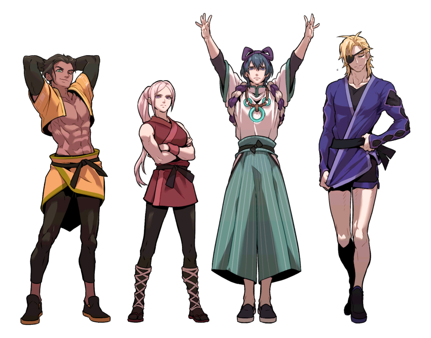 1girl 3boys abdonis abdonis_(cosplay) abs allegra_(ring_fit_adventure) allegra_(ring_fit_adventure)_(cosplay) armando_(ring_fit_adventure) armando_(ring_fit_adventure)_(cosplay) arms_behind_head arms_up belt black_belt black_footwear black_leggings blonde_hair blue_shirt brown_hair male_byleth_(fire_emblem) claude_von_riegan claude_von_riegan_(timeskip) closed_eyes closed_mouth clothes_pull collarbone color_connection commentary_request cosplay cropped_jacket crossed_arms dark-skinned_male dark_skin dimitri_alexandre_blaiddyd dimitri_alexandre_blaiddyd_(timeskip) dougi edelgard_von_hresvelg embarrassed fire_emblem fire_emblem:_three_houses green_eyes green_hair green_pants groin guru_andma guru_andma_(cosplay) hair_between_eyes hair_ribbon hakama hakama_pants hand_on_belt highres jacket japanese_clothes jewelry karate_gi korean_clothes korean_commentary layered_sleeves leggings long_hair long_shirt long_sleeves looking_at_viewer mandarin_collar multiple_boys navel necklace nintendo one_eye_closed outstretched_hand pants pectorals ponytail pulling_own_clothes purple_eyes purple_ribbon red_shirt redlhzz ribbon ring_fit_adventure shirt shirt_tucked_in shoes short_over_long_sleeves short_sleeves simple_background smile striped_clothes sweat sweatdrop vertical-striped_clothes white_background white_hair white_shirt wide_sleeves wristband yellow_jacket