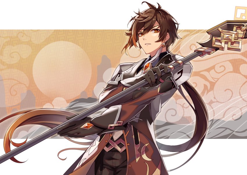1boy absurdres black_gloves black_pants black_suit branch brown_hair commentary earrings feet_out_of_frame formal_clothes gem genshin_impact gloves gradient_background green_background hair_over_one_eye highres holding holding_polearm holding_weapon jewelry long_hair looking_at_viewer male_focus necktie pants parted_lips polearm ponytail retsuna serious single_earring solo spear standing suit tassel tassel_earrings upper_body vision_(genshin_impact) vortex_vanquisher_(genshin_impact) weapon white_background white_necktie yellow_eyes zhongli_(genshin_impact)
