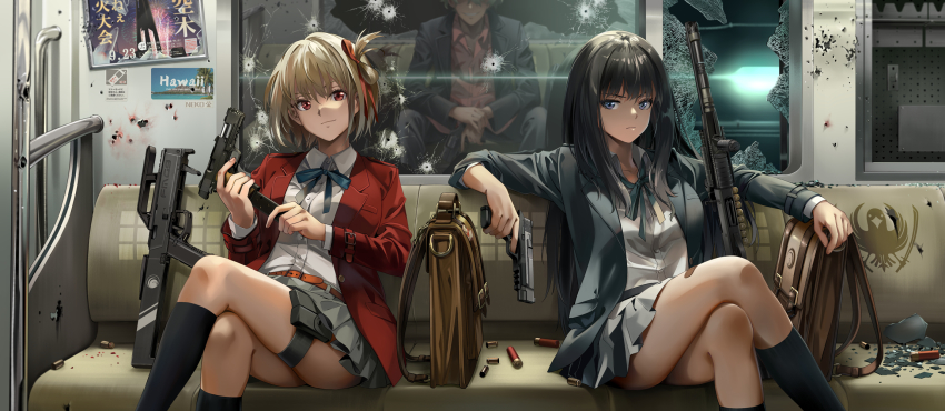 1boy 2girls ammunition belt benelli_m4_super_90 black_hair blonde_hair blue_eyes blue_ribbon bob_cut collared_shirt dress green_ribbon grey_dress grey_skirt gun hair_ribbon handgun highres holding holding_gun holding_weapon inoue_takina long_hair lycoris_recoil lycoris_uniform majima_(lycoris_recoil) miniskirt multiple_girls neck_ribbon neko_(yanshoujie) nishikigi_chisato pleated_skirt pouch purple_eyes red_belt red_dress red_eyes red_ribbon ribbon rifle shirt short_hair shotgun sitting skirt thigh_pouch thigh_strap train_interior two-tone_dress weapon white_shirt