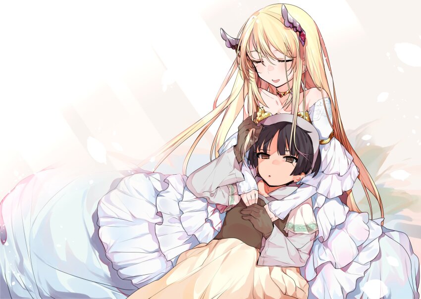 2girls blonde_hair closed_eyes dress frilled_dress frills hair_ornament hands_on_another&#039;s_shoulders highres hug lap_pillow long_hair long_sleeves multiple_girls playing_with_another&#039;s_hair rance_(series) rance_ix russian_kalette shikosour simple_background skirt smile sunlight