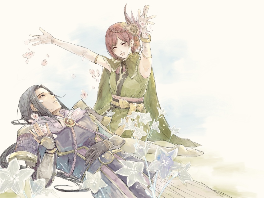 akechi_mitsuhide armor arms_up bellflower black_eyes black_hair braid cape closed_eyes elbow_gloves father_and_daughter feather_hair_ornament flower gloves hair_ornament hakama hosokawa_gracia japanese_clothes kimono kneeling long_hair lying obi on_back parted_bangs red_hair sash sengoku_musou smile source_request thighhighs white_thighhighs