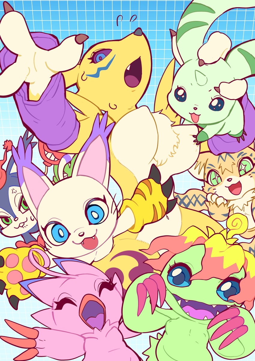absurdres digimon digimon_(creature) flower highres meicoomon monster_girl opossummon palmon petals piyomon plant_girl renamon sharp_teeth tailmon teeth terriermon tory_(tory29)