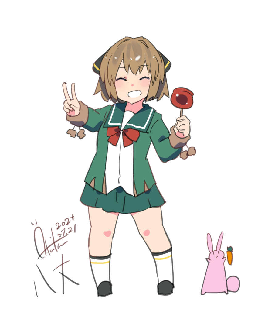 1girl absurdres black_footwear black_ribbon blush brown_hair candy candy_apple carrot character_name closed_eyes dated food green_jacket green_sailor_collar green_skirt hachijou_(kancolle) hair_ribbon highres holding holding_candy holding_food inica jacket kantai_collection neck_ribbon one-hour_drawing_challenge pleated_skirt pom_pom_(clothes) rabbit red_ribbon ribbon sailor_collar school_uniform serafuku short_hair signature skirt smile socks v white_background white_socks