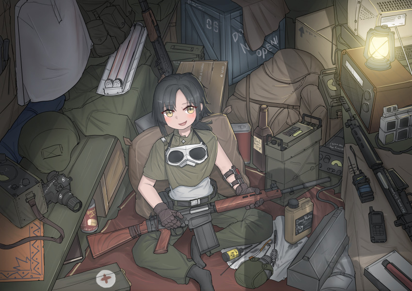 1girl akm assault_rifle backpack bag battle_rifle bed belt blush box bread camera can canned_food canteen cardboard_box computer crate crossed_legs cushion first_aid_kit fn_fal food gloves goggles goggles_around_neck gun h&amp;k_g3 helmet highres kalashnikov_rifle lantern looking_at_viewer messy_room on_floor phone ponytail radio rifle rug short_hair socks solo srtdrawart toothbrush trespasser walkie-talkie weapon