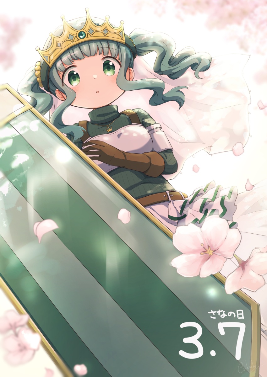 1girl absurdres backlighting belt blunt_bangs blurry blurry_background brown_belt brown_gloves cherry_blossoms clothes_lift commentary_request curly_hair dappled_sunlight day depth_of_field dot_nose dutch_angle expressionless eyes_visible_through_hair floating_hair flower from_below futaba_sana gloves green_eyes green_hair green_sweater hair_bobbles hair_ornament highres itou_(ankocha-mgmg) jewelry layered_skirt light_blush light_rays looking_at_viewer looking_down magia_record:_mahou_shoujo_madoka_magica_gaiden magical_girl mahou_shoujo_madoka_magica necklace outdoors parted_lips pavise petals pink_flower ribbed_sweater shield sidelocks skirt skirt_lift solo soul_gem sunlight sweater tareme tiara turtleneck turtleneck_sweater twintails waist_cape white_skirt