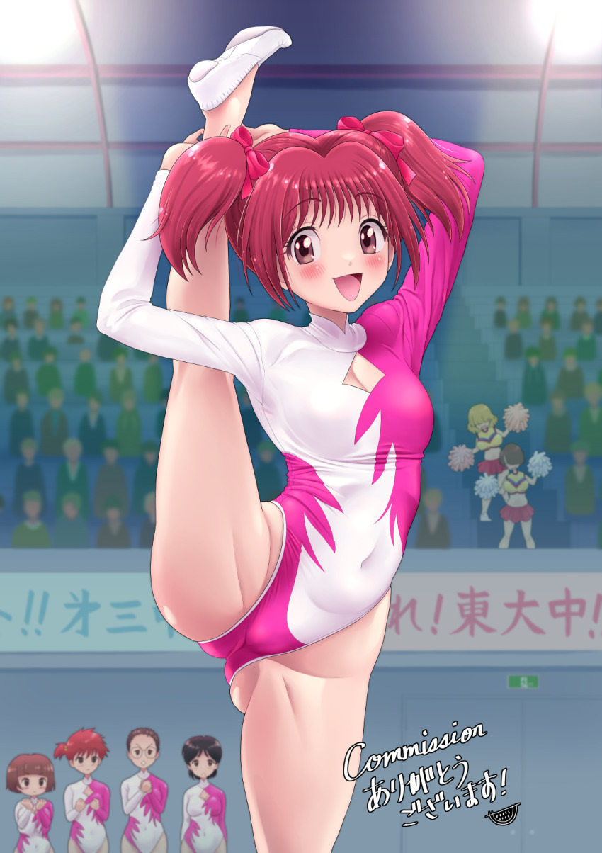 6+girls above-cleavage_cutout athletic_leotard cheerleader clothing_cutout commentary_request commission covered_navel cowboy_shot gymnastics highleg highleg_leotard highres leotard long_sleeves momomiya_ichigo multicolored_leotard multiple_girls pixiv_commission red_eyes red_hair short_hair solo_focus split standing standing_on_one_leg standing_split suika_blue tokyo_mew_mew twintails two-tone_leotard white_leotard