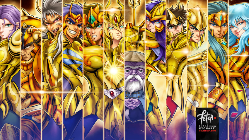 6+boys androgynous aquarius_camus aries_muu aries_shion armor cancer_death_mask capricorn_shura cropped energy epic franciscoetchart gemini_saga glowing gold_armor helmet highres leo_aiolia libra_douko looking_at_viewer male_focus multiple_boys official_style pisces_aphrodite sagittarius_aioros saint_seiya scorpio_milo taurus_aldebaran virgo_shaka watermark