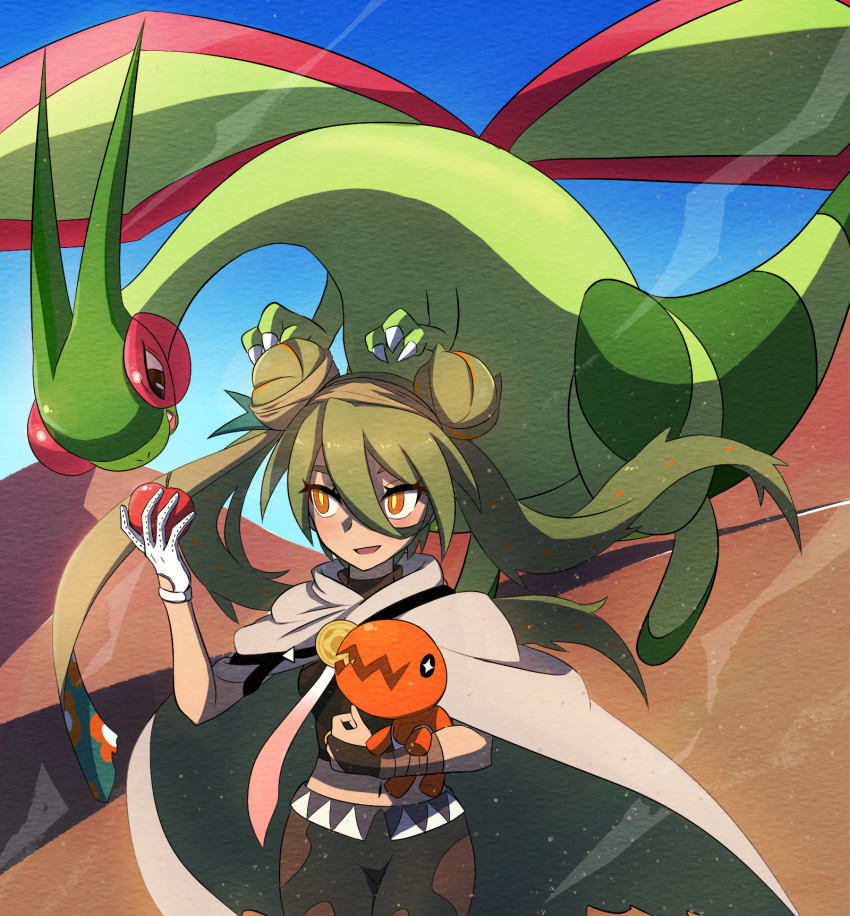 1girl :d apple bright_pupils cloak commentary_request day desert double_bun evolutionary_line flygon food fruit gen_3_pokemon gloves green_hair ground_miku_(project_voltage) hair_between_eyes hair_bun haruki_sparsa hatsune_miku highres holding holding_food holding_fruit holding_pokemon long_hair navel nintendo open_mouth outdoors pants pokemon pokemon_(creature) project_voltage sand sky smile trapinch twintails vocaloid white_gloves white_pupils