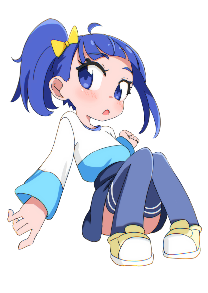 1girl absurdres blue_eyes blue_hair blue_shirt blue_skirt blue_thighhighs bow casual chibi commentary convenient_censoring cut_bangs hair_bow hakuino_hakase highres hirogaru_sky!_precure invisible_chair long_sleeves looking_at_viewer medium_hair open_mouth precure shirt shoes side_ponytail single_sidelock sitting skirt solo sora_harewataru t-shirt thighhighs two-tone_shirt yellow_bow yellow_shoes