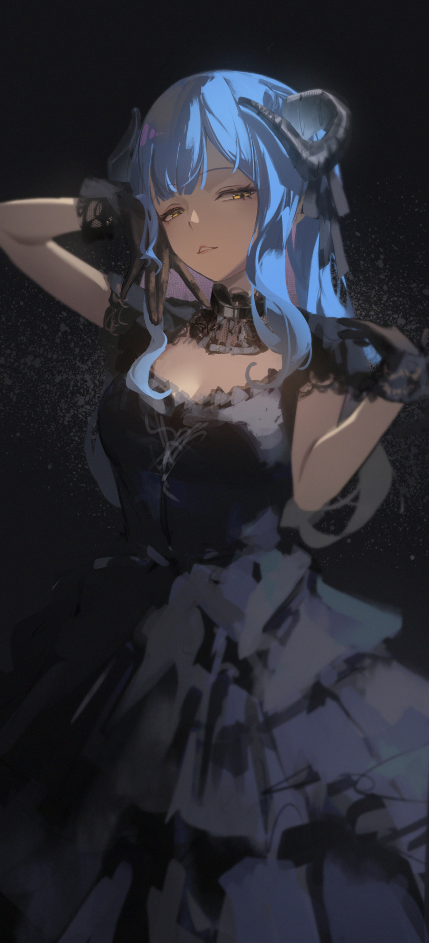 1girl \||/ absurdres airool arm_up arms_up bang_dream! bang_dream!_it&#039;s_mygo!!!!! black_background black_choker black_collar black_dress black_gloves black_hair black_ribbon blue_hair breasts chinese_commentary choker cleavage cleavage_cutout clothing_cutout collar commentary_request curled_horns demon_girl dress gloves gradient_hair hair_ribbon half-closed_eyes hand_on_own_face hand_up head_tilt highres horns lace lace-trimmed_gloves lace_collar lace_trim lips long_dress long_hair looking_to_the_side multicolored_hair parted_lips ribbon short_sleeves sidelighting sideways_glance solo togawa_sakiko wavy_sidelocks