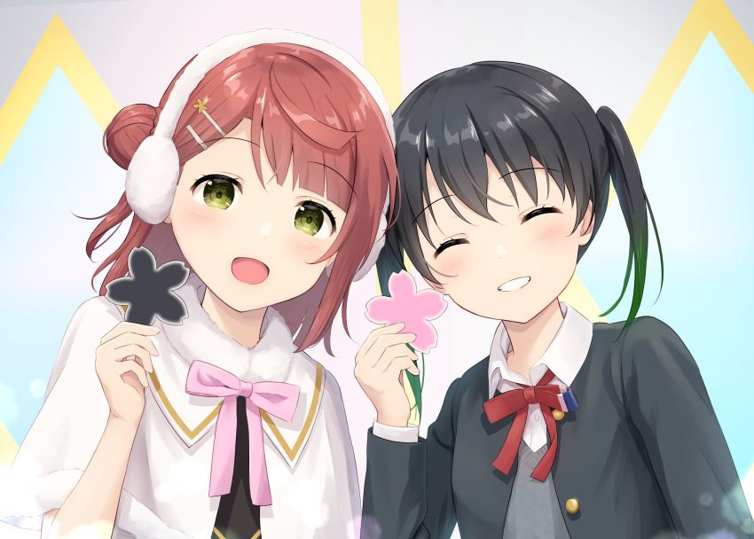 2girls :d ^_^ absurdres black_hair black_jacket blazer blue_background blunt_bangs braid braided_bun capelet closed_eyes collared_shirt colorful_dreams!_colorful_smiles!_(love_live!) commentary_request crossed_bangs dress_shirt earmuffs facing_viewer flower_symbol gradient_hair green_eyes green_hair grey_background grey_sweater_vest grin hair_bun hair_ornament hairclip half_updo hanazora_satsuki highres holding jacket long_sleeves looking_at_viewer love_live! love_live!_nijigasaki_high_school_idol_club medium_hair multicolored_hair multiple_girls neck_ribbon nijigasaki_school_uniform open_clothes open_jacket open_mouth pink_hair pink_ribbon red_ribbon ribbon school_uniform shirt single_side_bun smile sweater_vest swept_bangs takasaki_yu twintails two-tone_hair uehara_ayumu white_capelet white_shirt winter_clothes winter_uniform