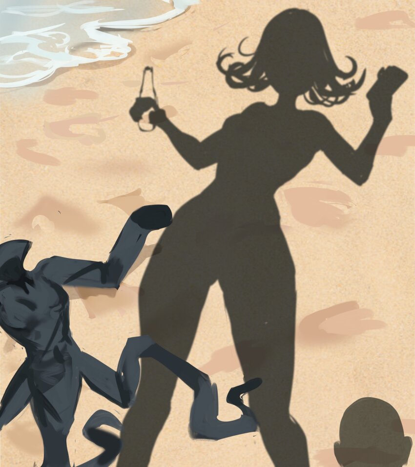 1boy 1girl beach black_dress dress dressed_shadow_(meme) highres holding_cloth implied_nudity meme one-punch_man rakeemspoon saitama_(one-punch_man) sand solo_focus tatsumaki water