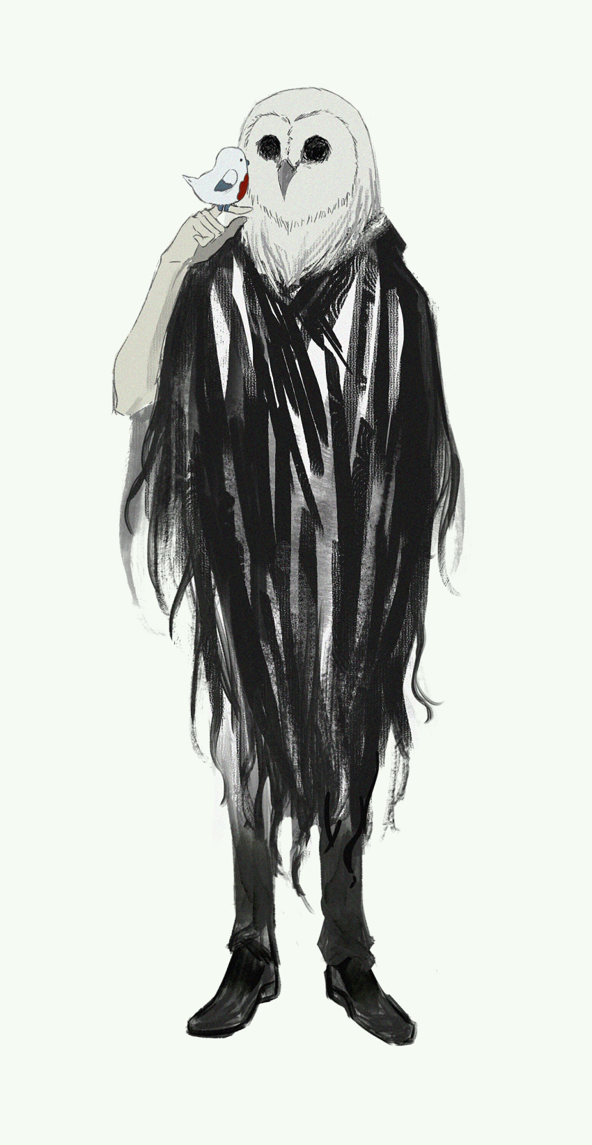 1boy absurdres animal_head bird black_cape black_pants black_shoes black_souls black_souls_2 cape full_body highres lobotomy_corporation lorde_(black_souls) owl owl_boy pants project_moon punishing_bird shoes sio2_(whynotkarma) solo