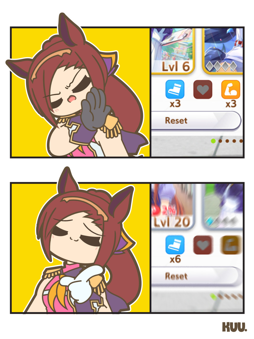1girl absurdres animal_ears black_gloves brown_hair closed_eyes closed_mouth commentary drakeposting_(meme) english_commentary epaulettes gameplay_mechanics gloves highres horse_ears horse_girl kuhl-notes long_hair meme neckerchief open_mouth orange_neckerchief pink_shirt sakura_bakushin_o_(umamusume) shirt sleeveless sleeveless_shirt smile umamusume upper_body