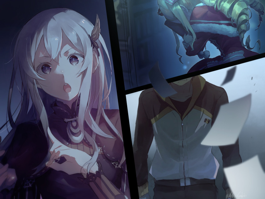 1boy 2girls :o bad_id bad_pixiv_id beatrice_(re:zero) black_dress blonde_hair book butterfly_hair_ornament clenched_teeth collar collarbone colored_eyelashes commentary_request crown crying dark dress drill_hair echidna_(re:zero) frills from_side frown grey_eyes hair_between_eyes hair_ornament hair_ribbon harusabin highres holding holding_book hugging_object indoors jacket long_hair long_sleeves looking_at_viewer mini_crown multicolored_jacket multiple_girls natsuki_subaru open_mouth out_of_frame paper pink_dress re:zero_kara_hajimeru_isekai_seikatsu ribbon shaded_face sidelocks silver_hair standing teeth twin_drills two-tone_jacket upper_body