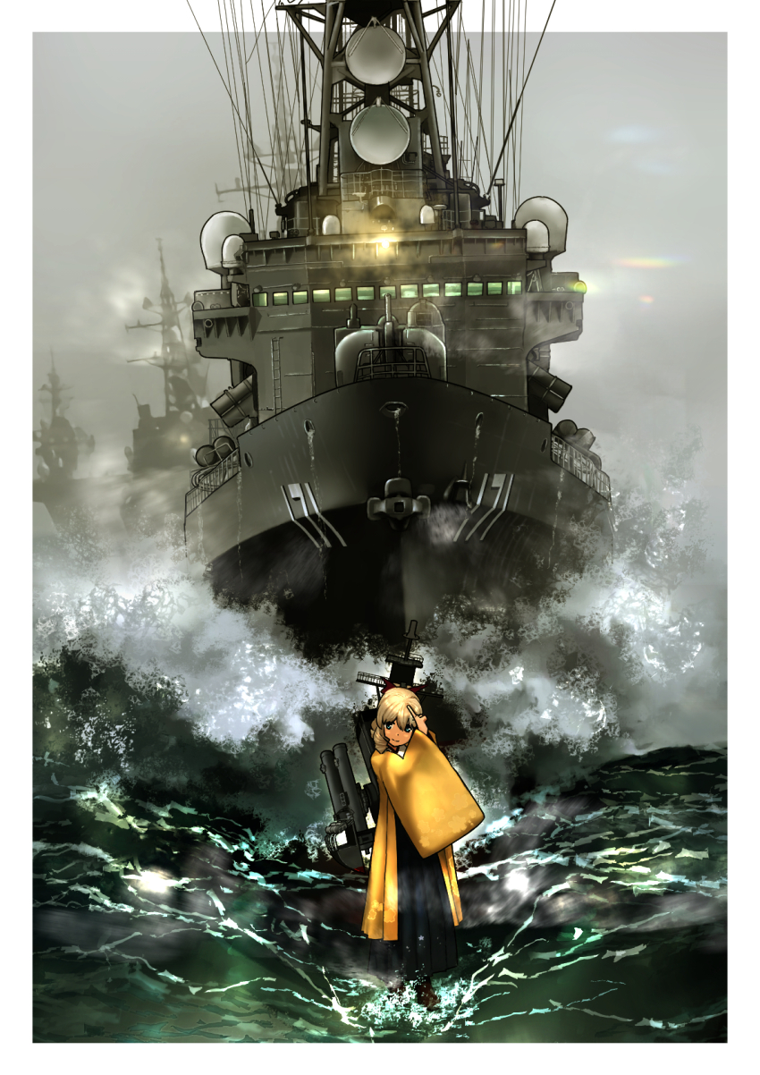 1girl black_hakama blue_eyes cannon day destroyer drill_hair hair_between_eyes hakama hakama_skirt haori hatakaze_(kancolle) highres japan_maritime_self-defense_force japan_self-defense_force japanese_clothes js_hatakaze_(ddg-171) kantai_collection kimono light_brown_hair meiji_schoolgirl_uniform military military_vehicle name_connection ocean outdoors personification ponytail radar rigging ship ship_turret skirt solo standing standing_on_liquid timmyyen torpedo vehicle_and_personification warship water watercraft yellow_kimono