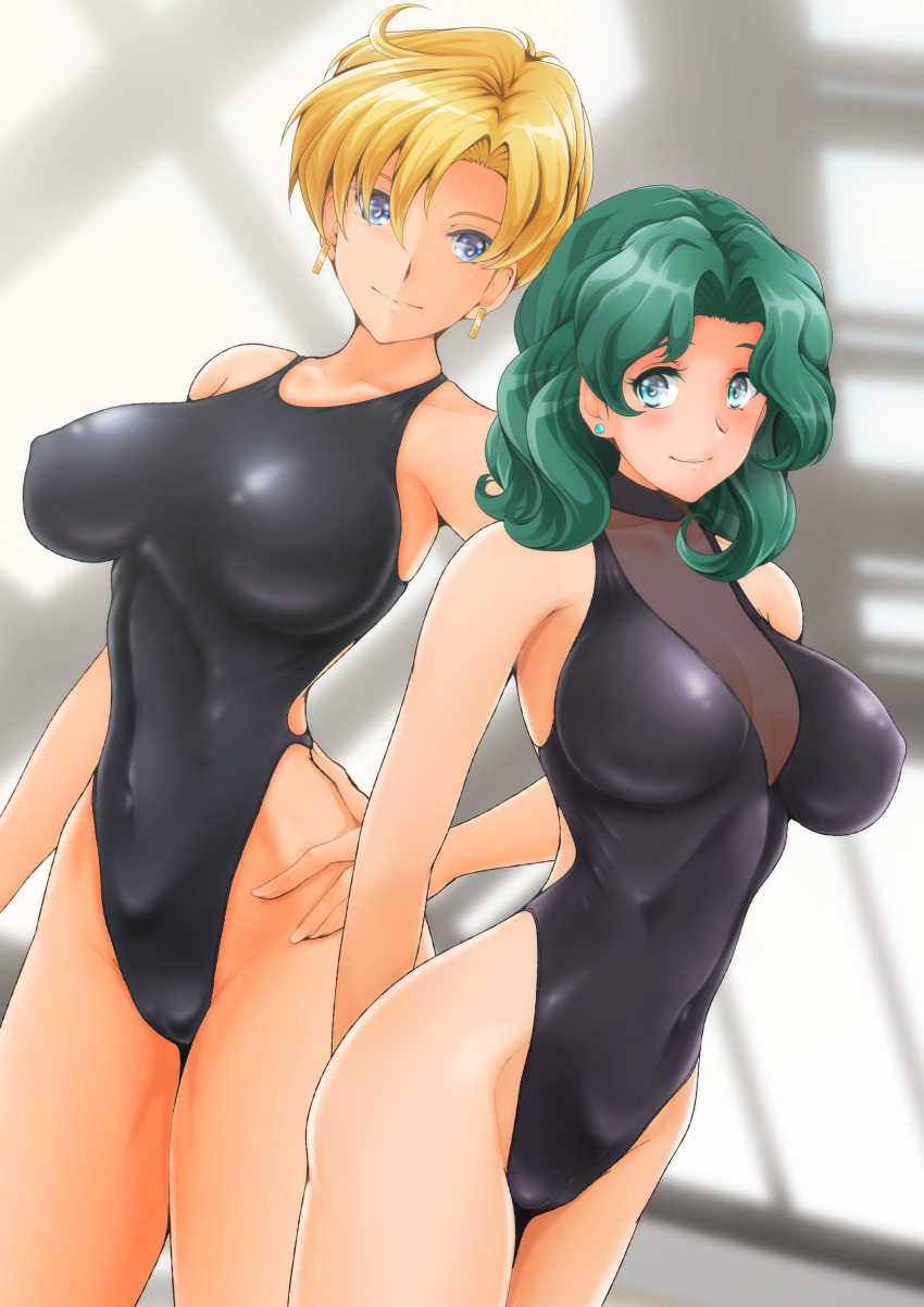 2girls absurdres aqua_eyes arms_behind_back bishoujo_senshi_sailor_moon black_one-piece_swimsuit blonde_hair blue_eyes breasts casual_one-piece_swimsuit commentary_request competition_swimsuit covered_navel green_hair hand_on_own_hip highleg highleg_one-piece_swimsuit highres indoors kaiou_michiru large_breasts looking_at_viewer medium_breasts multiple_girls nanashi_noiji one-piece_swimsuit parted_bangs rei_no_pool short_hair swimsuit ten&#039;ou_haruka turtleneck very_short_hair wavy_hair