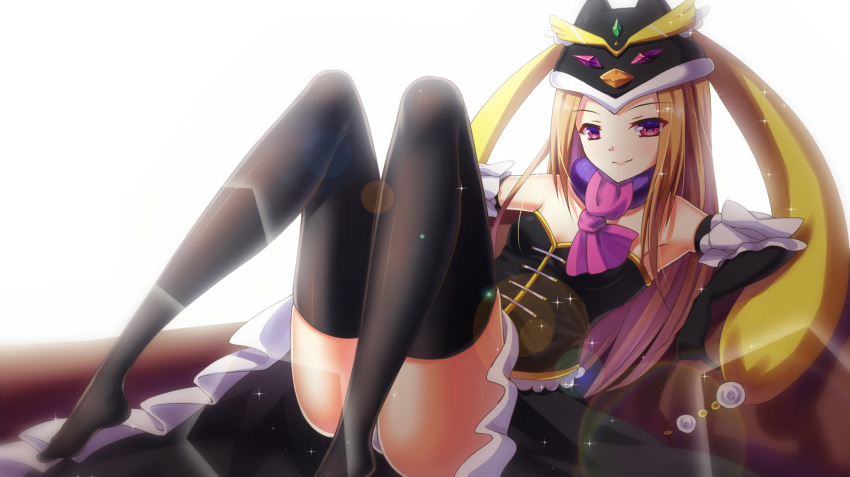 10s 1girl ame_wa_a_ga_tsutano? black_gloves black_thighhighs brown_hair elbow_gloves female_focus gloves hat highres long_hair looking_at_viewer mawaru_penguindrum panties princess_of_the_crystal purple_eyes solo strapless thighhighs underwear white_panties