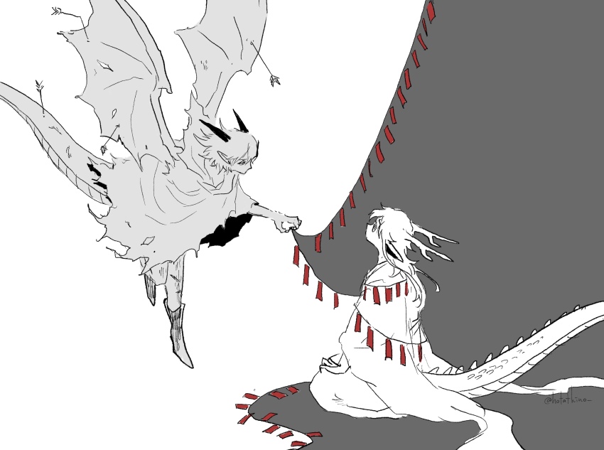 2boys absurdres animal_ears arrow_(projectile) boots cloak commentary_request dragon_boy dragon_ears dragon_horns dragon_tail dragon_wings eastern_dragon_horns eastern_dragon_tail entangled flying full_body grey_background highres horns hotathino injury japanese_clothes kimono long_hair looking_at_another male_focus multiple_boys original pointy_ears seiza short_hair sitting split_theme stab string_of_flags tail torn_clothes white_background wings