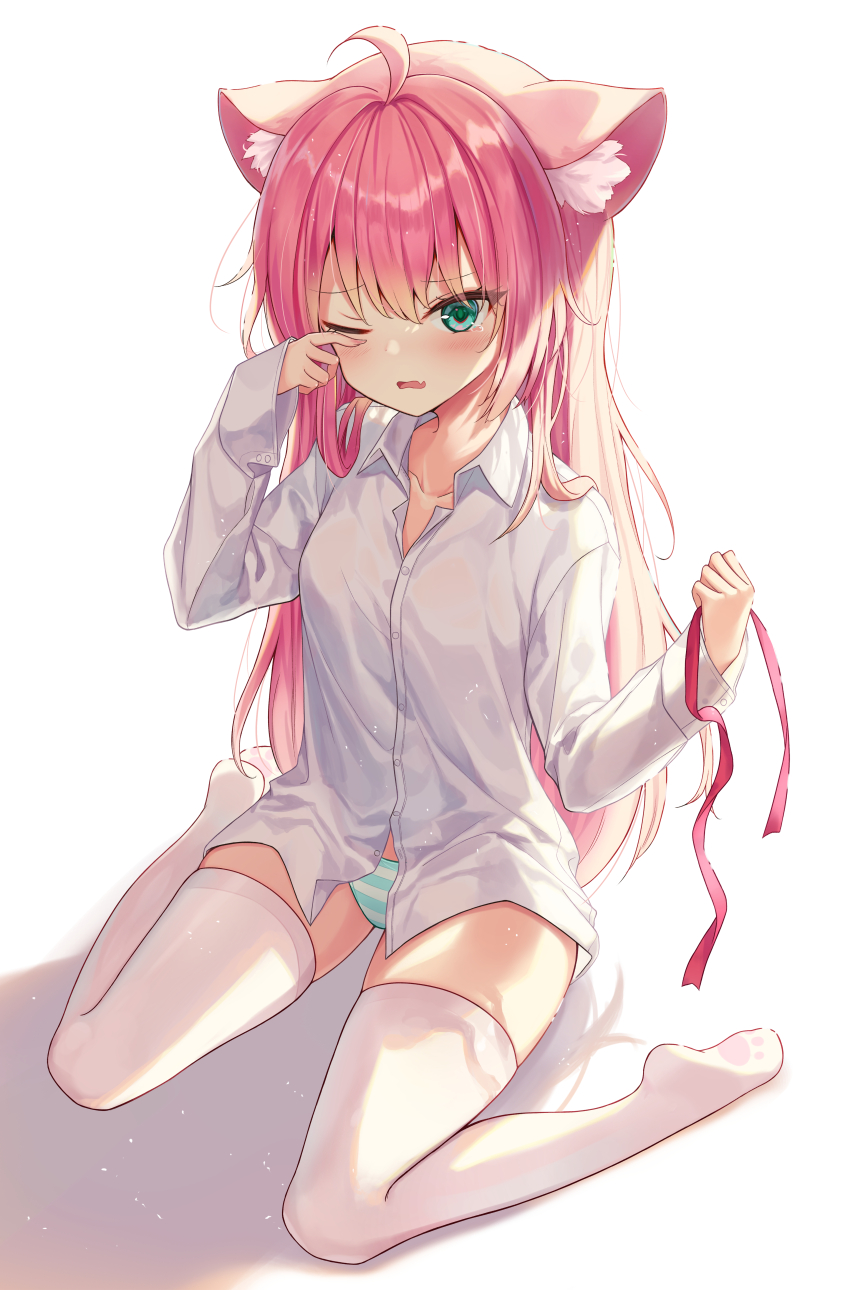 1girl absurdres animal_ears aqua_eyes cat_ears cat_girl chii_aruel commentary dress_shirt full_body highres holding holding_ribbon kemonomimi_mode long_hair long_sleeves looking_at_viewer no_pants one_eye_closed panties paw_print_soles pink_hair rangtori ribbon rubbing_eyes shirt sitting sleepy soulworker striped_clothes striped_panties tears thighhighs underwear wariza white_shirt white_thighhighs