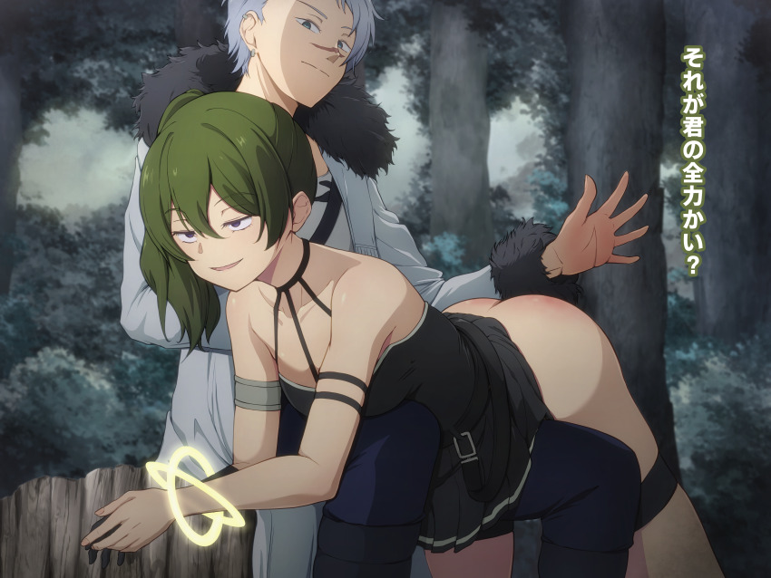 1boy 1girl absurdres belt black_dress black_gloves blue_hair blue_pants breasts clothes_lift coat commission commissioner_upload dress ear_piercing fur_trim gloves green_eyes green_hair hand_up highres medium_breasts medium_hair non-web_source ocza open_mouth pants piercing purple_eyes restrained sitting on_tree_stump smug sorganeil sousou_no_frieren spanked spanking tree tree_stump ubel_(sousou_no_frieren) wirbel_(sousou_no_frieren)