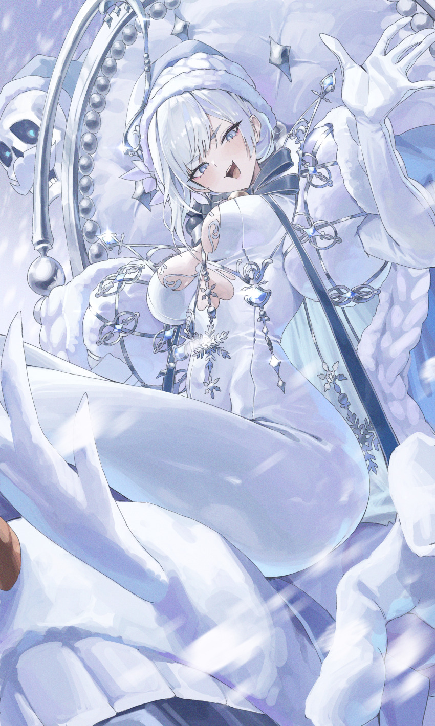 1girl absurdres akershus_fortress_(oshiro_project) blue_eyes blue_gemstone bodysuit breasts cloak commentary_request floating_skull from_below fur-trimmed_cloak fur_trim gem glint hand_up hat highres jewelry large_breasts looking_at_viewer netural open_mouth oshiro_project:re padded_cloak short_hair sitting sitting_on_throne skull smile snow snowflake_ornament solo teeth thighs throne upper_teeth_only white_bodysuit white_cloak white_hair white_hat