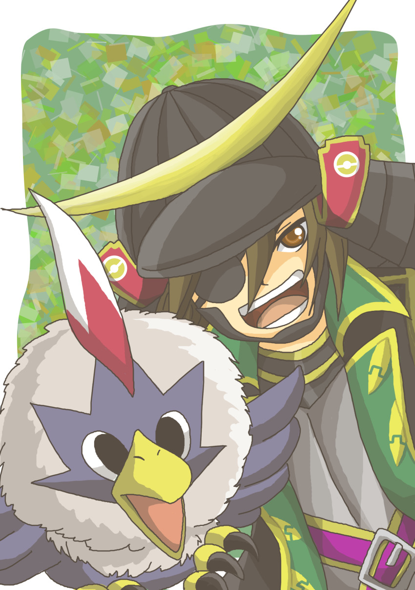 absurdres armor brown_eyes brown_hair date_masamune date_masamune_(sengoku_musou) eyepatch gen_5_pokemon hair_between_eyes helmet highres long_bangs nintendo open_mouth pokemon pokemon_conquest rufflet sengoku_musou smile