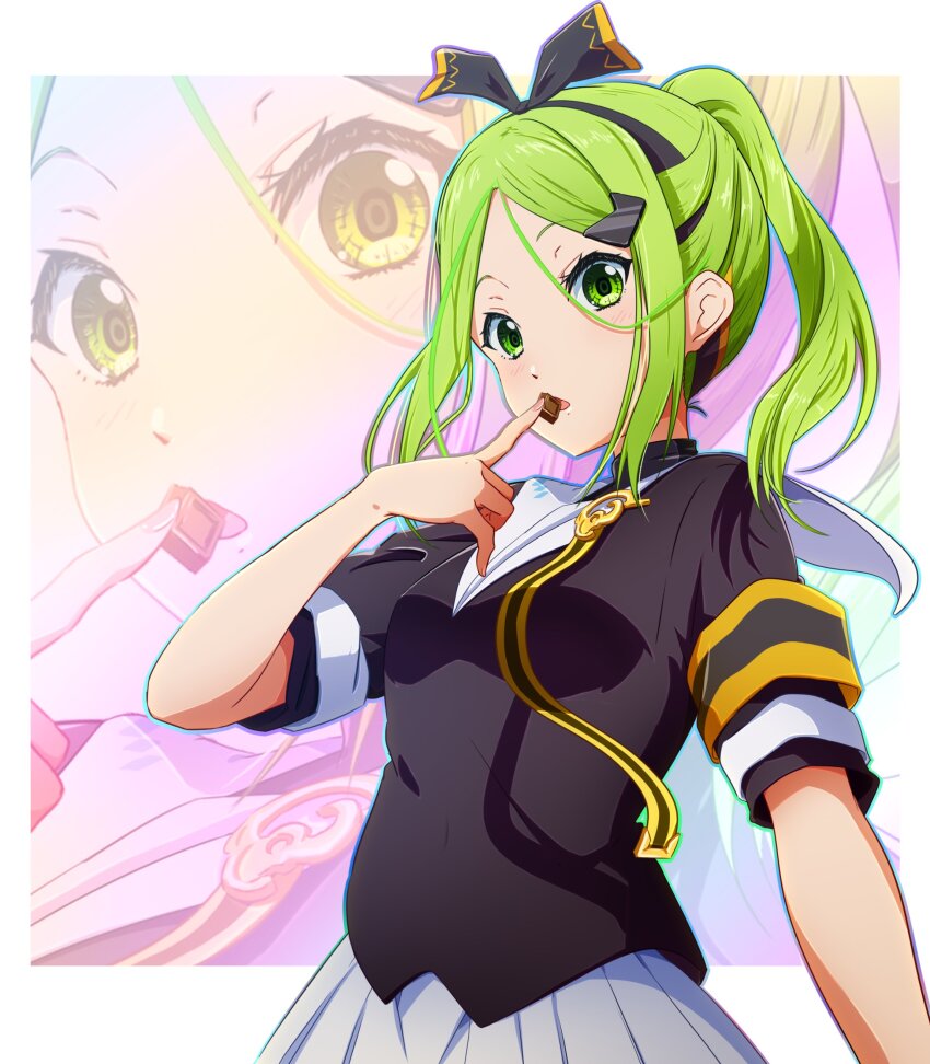 1girl 22/7 absurdres armband black_shirt border bow bow_hairband chocolate cowboy_shot finger_to_mouth food_in_mouth green_eyes green_hair hair_bow hair_ornament hairband hairclip half_updo high_ponytail highres igashiko kiryu_touko looking_at_viewer outside_border parted_bangs pleated_skirt ponytail sailor_collar shirt short_sleeves skirt solo two-tone_bow two-tone_hairband white_border white_sailor_collar white_skirt zoom_layer