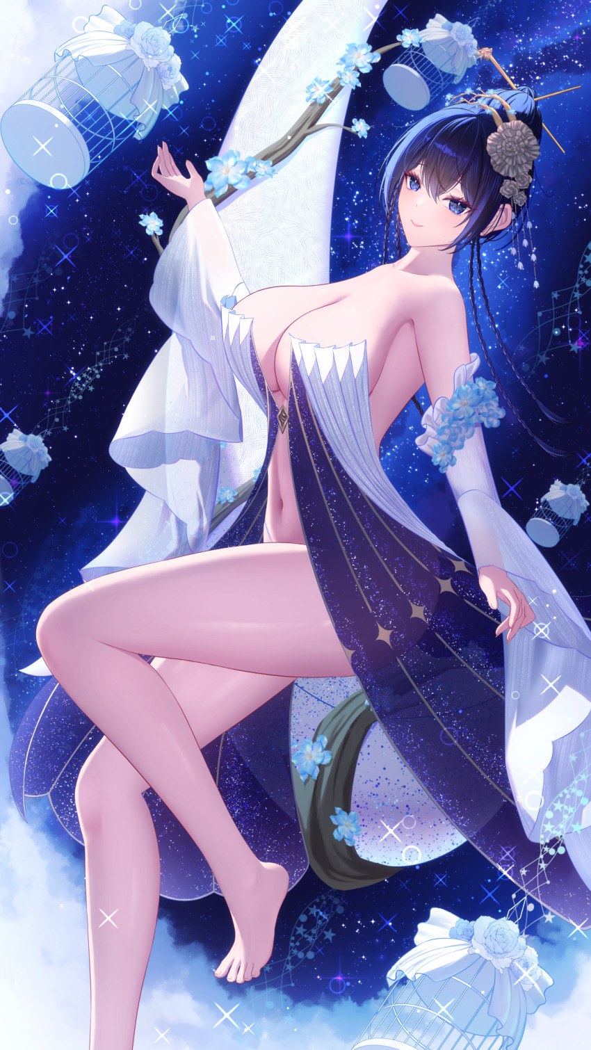 1girl bare_shoulders barefoot birdcage blue_flower breasts cage cleavage commission detached_sleeves eeyoosekedooaat flower foot_out_of_frame from_side hair_between_eyes hair_bun hair_ornament hair_stick highres large_breasts long_sleeves looking_at_viewer navel night night_sky original revealing_clothes see-through_clothes see-through_silhouette see-through_sleeves single_hair_bun skeb_commission sky solo star_(sky) starry_sky white_flower wide_sleeves