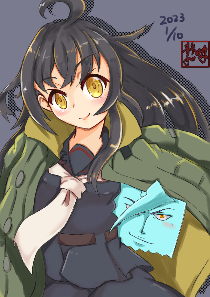 1girl absurdres ahoge artist_logo black_hair black_sailor_collar black_serafuku black_shirt cosplay crescent crescent_moon crescent_pin dated green_jacket grey_background gundam gundam_tekketsu_no_orphans highres jacket kantai_collection logo long_hair long_sleeves mikazuki_(kancolle) mikazuki_augus mikazuki_augus_(cosplay) moon name_connection neckerchief orga_itsuka sailor_collar school_uniform serafuku shirt shizuwa_akira white_neckerchief
