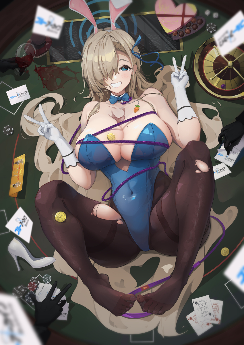 1girl absurdres animal_ears art_study asuna_(blue_archive) asuna_(bunny)_(blue_archive) black_gloves blue_archive blue_eyes blue_halo blue_leotard blue_ribbon bow bowtie box box_of_chocolates casino_card_table detached_collar double_v fake_animal_ears full_body gloves hair_over_one_eye hair_ribbon halo heart-shaped_box highres leotard looking_at_viewer looking_up lying official_alternate_costume on_back pantyhose playboy_bunny poker_chip ribbon roulette solo spread_legs strapless strapless_leotard stray_friday table thighband_pantyhose traditional_bowtie v white_gloves