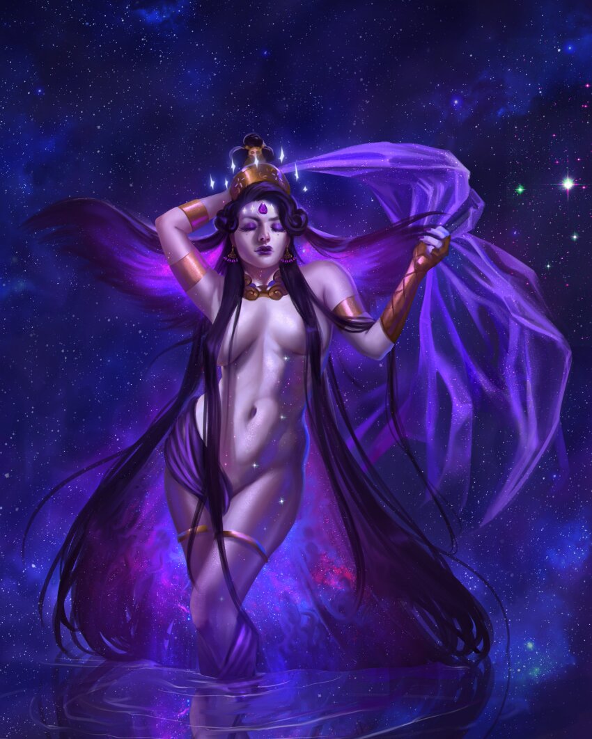 1girl absurdres black_hair bracelet breasts caio_santos crown earrings gem gem_in_body hades_(series) hair_over_breasts highres jewelry large_breasts long_hair makeup mature_female mega_ring neck_ring night nude nyx_(hades) one_eye_closed sky solo star_(sky) starry_sky veil very_long_hair