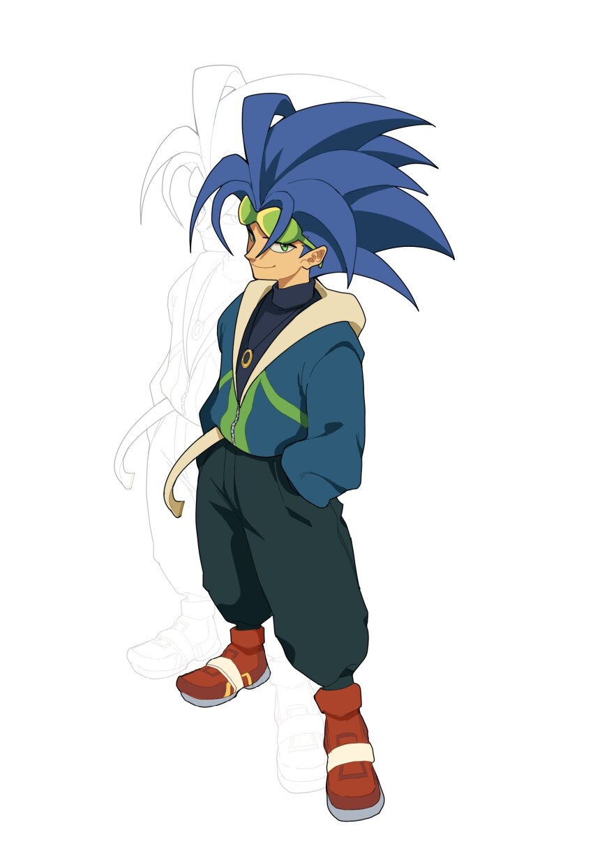 1boy baggy_pants big_hair blue_hair blue_jacket eyewear_on_head full_body gold_ring green-tinted_eyewear green_eyes hands_in_pockets highres hood hood_down hooded_jacket humanization jacket jewelry long_sleeves looking_at_viewer male_focus necklace pants red_shoes ring ring_necklace shoes simple_background smile solo sonic_(series) sonic_the_hedgehog spiked_hair standing sunglasses tall_hair tinted_eyewear turtleneck white_background yaaflin