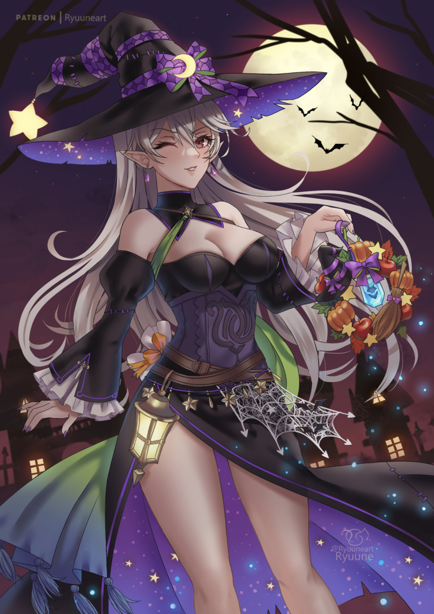 1girl artist_name bare_shoulders black_dress black_hat breasts cleavage corrin_(female)_(fire_emblem) corrin_(female)_(halloween)_(fire_emblem) dress feet_out_of_frame fire_emblem fire_emblem_fates fire_emblem_heroes frilled_sleeves frills full_moon grey_hair grin halloween halloween_costume hat highres juliet_sleeves lantern large_breasts long_hair long_sleeves looking_at_viewer moon night night_sky nintendo off-shoulder_dress off_shoulder official_alternate_costume one_eye_closed parted_lips patreon_username pointy_ears puffy_sleeves red_eyes revision ryuuneart side_slit sky smile solo standing thighs very_long_hair witch witch_hat