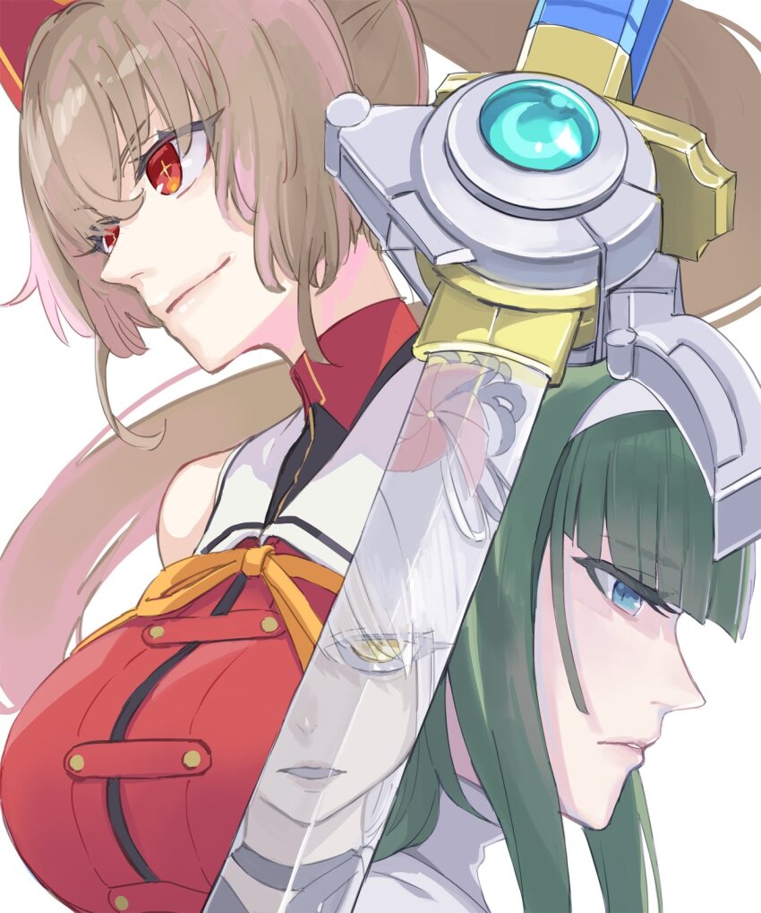3girls animal_ears assault_lily black_choker black_flower blue_eyes blunt_bangs breasts brown_hair cat_ears choker closed_mouth commentary_request crossed_bangs fake_animal_ears flower green_hair grey_hair hair_between_eyes hairband hasebe_touka highres kondou_misaka large_breasts long_hair looking_ahead looking_at_viewer mila_(yuta27315) multiple_girls neck_ribbon out_of_frame parted_lips ponytail profile red_eyes red_shirt reflection ribbon sailor_collar school_uniform shirt sidelocks sleeveless sleeveless_shirt smile sparkling_eyes sword upper_body v-shaped_eyebrows weapon white_hairband white_sailor_collar yamaguchi_chihiro_(assault_lily) yellow_eyes yellow_ribbon yurigaoka_girls_academy_school_uniform