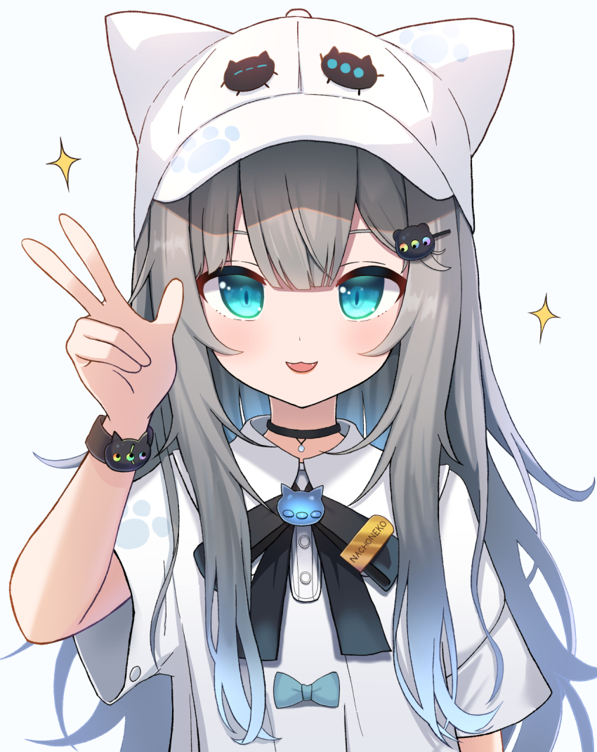 1girl animal_ear_headwear aqua_eyes black_choker black_ribbon bow choker fake_animal_ears fangs grey_hair hair_ornament hand_up hat highres indie_virtual_youtuber kazumiya_yayoi light_blush long_hair looking_at_viewer nachoneko neck_ribbon open_mouth ribbon shirt solo sparkle upper_body v virtual_youtuber watch white_background white_hat white_shirt wristwatch