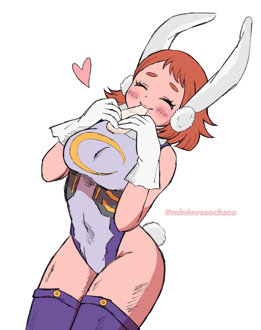 1girl animal_ears belly blush boku_no_hero_academia brown_hair chewing chinese_zodiac closed_eyes crotch eating food gloves heart highres hip_bones legs minlovesochaco mirko mochi navel rabbit_ears rabbit_girl rabbit_tail short_hair simple_background solo tail thighs twitter_username uraraka_ochako white_background white_gloves year_of_the_rabbit