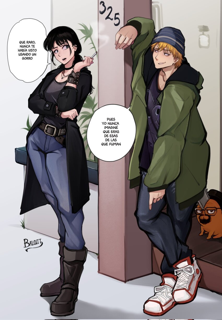 1boy 1girl artist_name beanie beard black_choker black_coat black_eyes black_footwear black_hair black_shirt blonde_hair blue_pants boots breaking_bad chainsaw_man choker cigarette coat commentary commentary_typo cosplay denim denji_(chainsaw_man) english_commentary facial_hair green_jacket hat highres holding holding_cigarette jacket jane_margolis jane_margolis_(cosplay) jeans jesse_pinkman jesse_pinkman_(cosplay) jewelry mitaka_asa necklace open_mouth pants plant pochita_(chainsaw_man) shirt spanish_text speech_bubble translated victorbalgitt walter_white