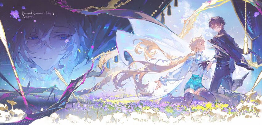 2boys black_hair black_pants blonde_hair blue_eyes cape commission field flower flower_field gloves highres long_hair long_sleeves multiple_boys original pants purple_flower renjian_shilian shirt short_hair smile thighhighs very_long_hair white_shirt wings