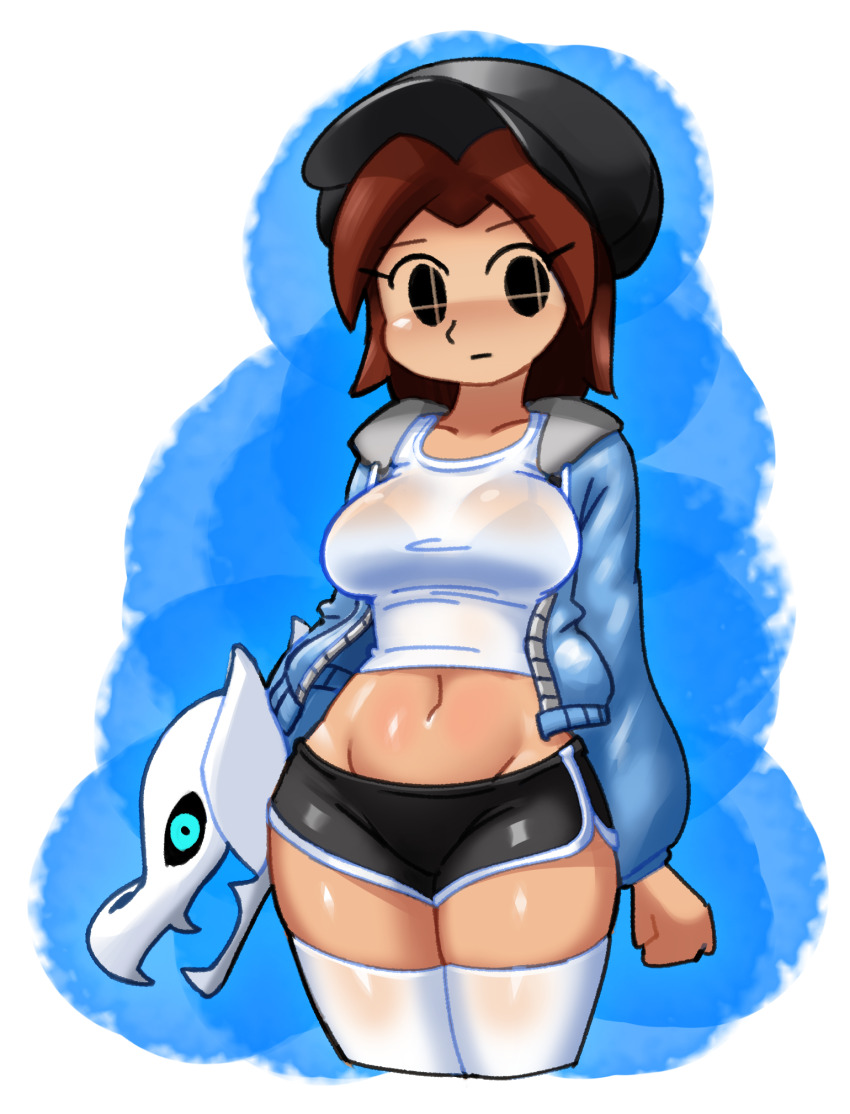 1girl black_eyes black_shorts blue_jacket blush bra breasts brown_eyes brown_hair closed_mouth crop_top cropped_legs dolphin_shorts expressionless gasterblaster groin gym_shorts hat highres hood hoodie jacket large_breasts long_sleeves looking_at_viewer medium_hair midriff mii_gunner mii_gunner_(smash_4) minuspal mob_face navel nintendo open_clothes open_jacket parted_bangs sans_(undertale) see-through_clothes shiny_skin shirt short_hair short_shorts shorts solo standing super_smash_bros. tank_top thick_thighs thighhighs thighs undertale underwear white_shirt white_thighhighs