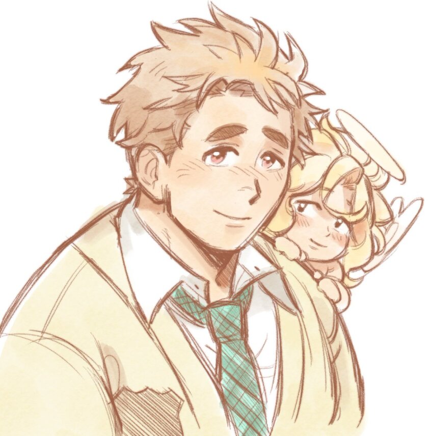 2boys blonde_hair boarsunrise brown_hair cherub closed_mouth collared_shirt commentary cupid_(housamo) english_commentary feathered_wings green_necktie halo highres jacket looking_at_another looking_at_viewer male_focus medium_hair multiple_boys necktie pink_eyes plaid_clothes plaid_necktie shirt short_hair simple_background smile tareme tennouji_shin&#039;ya thick_eyebrows tokyo_houkago_summoners upper_body white_background white_shirt wings yellow_jacket
