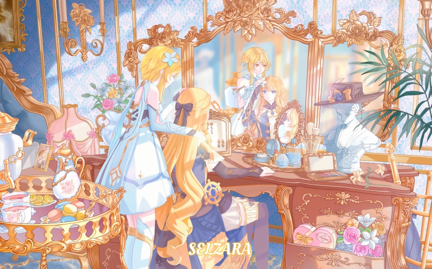 2girls absurdres artist_name bare_shoulders black_bow black_gloves black_hat black_thighhighs blonde_hair blue_eyes boots borrowed_accessory bottle bow box box_of_chocolates bust_(sculpture) candelabra candle candlestand closed_mouth commentary_request compact_(cosmetics) cosmetics cup detached_sleeves dress drill_hair drill_sidelocks flower flower_pot food fruit genshin_impact gloves hair_bow hair_flower hair_ornament hand_on_another&#039;s_head hand_on_another&#039;s_shoulder hand_up hat hat_flower heart-shaped_box highres jewelry lemon lemon_slice lipstick_tube loaded_interior long_hair looking_at_another looking_at_mirror lumine_(genshin_impact) macaron makeup_brush marble_(stone) marble_sculpture mirror multiple_girls nail_polish navia_(genshin_impact) painting_(object) parted_lips partially_fingerless_gloves perfume_bottle plate reflection saucer selzara ship&#039;s_wheel_ornament short_hair_with_long_locks sidelocks sitting smile sparkling_eyes standing table tea teacup teapot thigh_boots thighhighs umbrella umbrella_stand unworn_earring unworn_hat unworn_headwear unworn_jewelry vanity_table vase very_long_hair wallpaper_(object) white_boots white_dress yellow_eyes