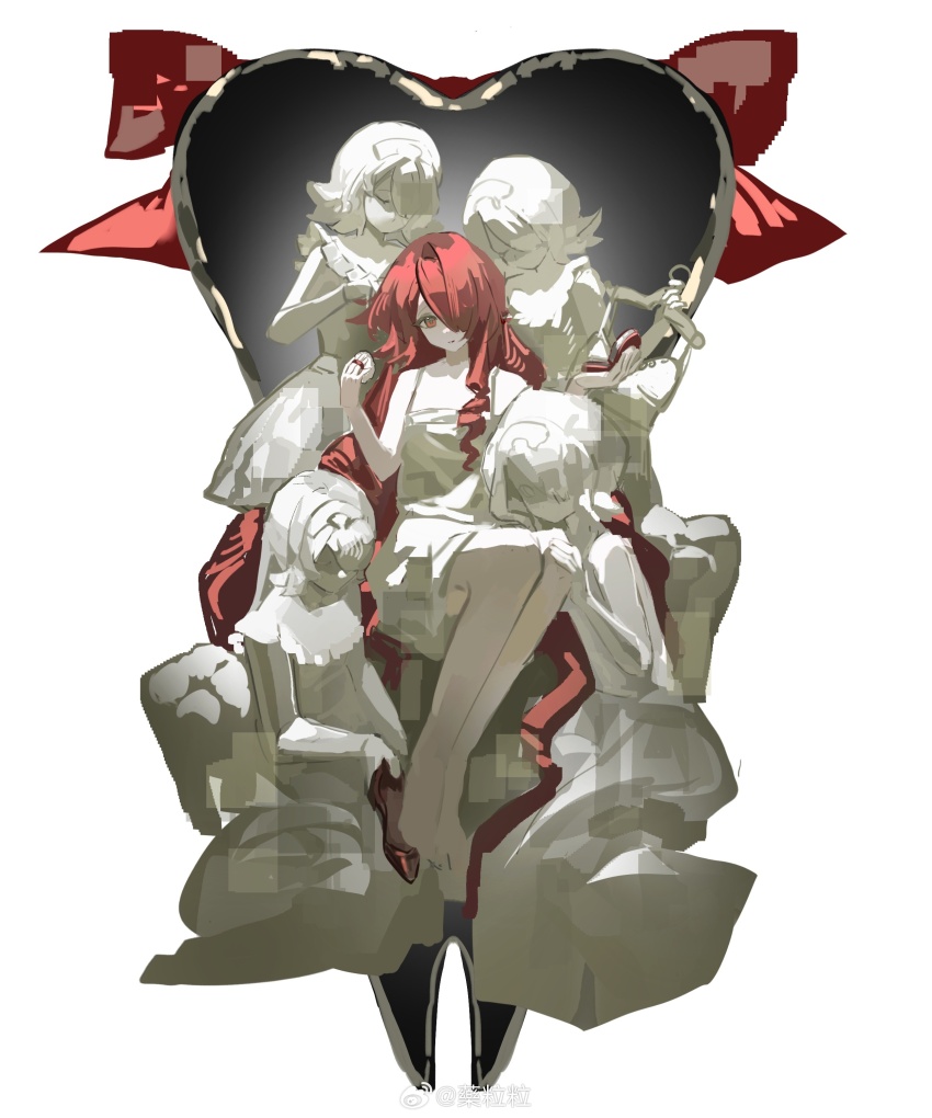 absurdres angel_statue dress highres long_hair original red_eyes red_hair sitting statue watermark weibo_6866700339 weibo_watermark white_dress
