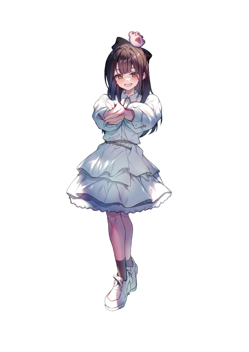 1girl absurdres aiming aiming_at_viewer animification belt black_ribbon black_socks blush brown_eyes brown_hair collared_dress commission dress facing_viewer finger_gun fingernails full_body grin hair_intakes hair_ribbon highres knees long_hair long_sleeves looking_at_viewer misumi_yuka paw_hair_ornament pointing pointing_at_viewer real_life redcomet ribbon second-party_source shoes simple_background smile sneakers socks solo standing string_belt teeth white_background white_belt white_dress white_shoes