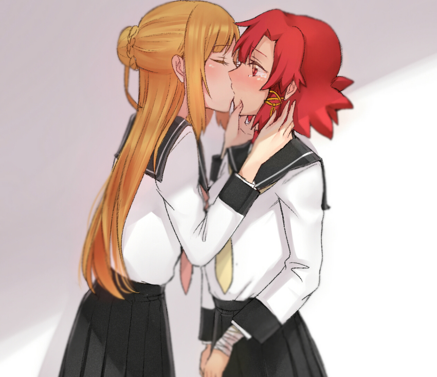 2girls alternate_costume blonde_hair closed_eyes female_focus izetta izetta_(shuumatsu_no_izetta) kiss kotori_(b-i-r-d) long_hair multiple_girls ortfine_fredericka_von_eylstadt pleated_skirt red_eyes red_hair school_uniform serafuku shuumatsu_no_izetta skirt tears yuri