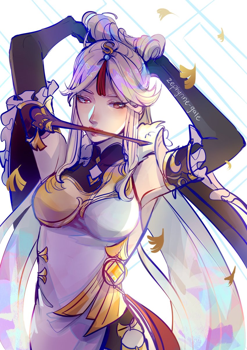 1girl absurdres adjusting_hair detached_sleeves genshin_impact hair_ornament hair_stick hairpin highres in_mouth leaf long_hair mouth_hold ningguang_(genshin_impact) red_eyes signature solo white_background white_hair zephyrine-gale
