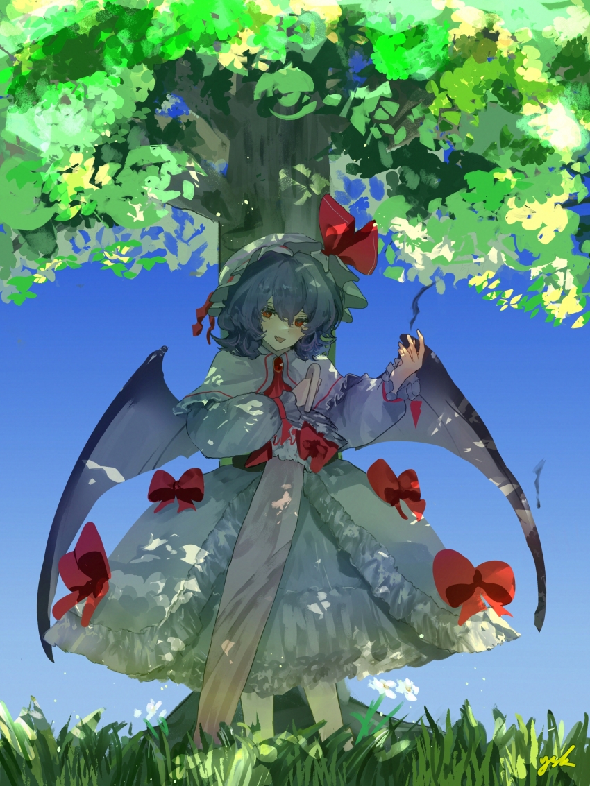 1girl absurdres black_wings blue_hair bow bow_skirt capelet clear_sky commentary_request dappled_sunlight day dot_nose dress eneshi fang frilled_capelet frilled_dress frilled_sleeves frills full_body grass hair_between_eyes hand_up hat hat_bow hat_ribbon highres holding holding_umbrella in_shadow long_sleeves mob_cap open_mouth outdoors parasol red_bow red_eyes red_ribbon red_trim remilia_scarlet ribbon signature skin_fang skirt sky smoke solo standing sunlight touhou tree tree_shade umbrella vampire white_capelet white_dress white_hat white_overskirt wings