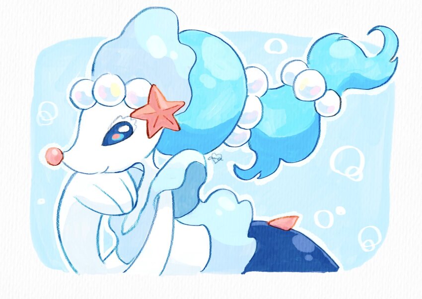 animal_focus blue_background blue_eyes blue_hair border closed_mouth colored_eyelashes commentary_request gen_7_pokemon highres long_hair multi-tied_hair nintendo no_humans oawa_oo outside_border pokemon pokemon_(creature) primarina sea_lion smile snout white_border