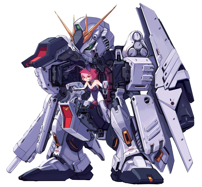 1girl absurdres animal_ears beam_rifle breasts char&#039;s_counterattack chibi covered_erect_nipples dofn energy_gun fake_animal_ears grin gundam highres leotard mecha medium_breasts nu_gundam_hws orange_eyes pink_hair playboy_bunny rabbit_ears robot sd_gundam shield short_hair smile weapon