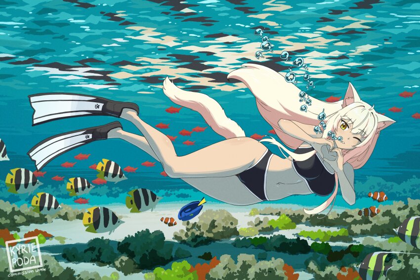 1girl absurdres ahoge animal_ears blonde_hair breasts bubble cat_ears cleavage fins fish heart heart_hands highres kyriepoda large_breasts navel ocean submerged swim_fin swimming swimsuit tail underwater yellow_eyes